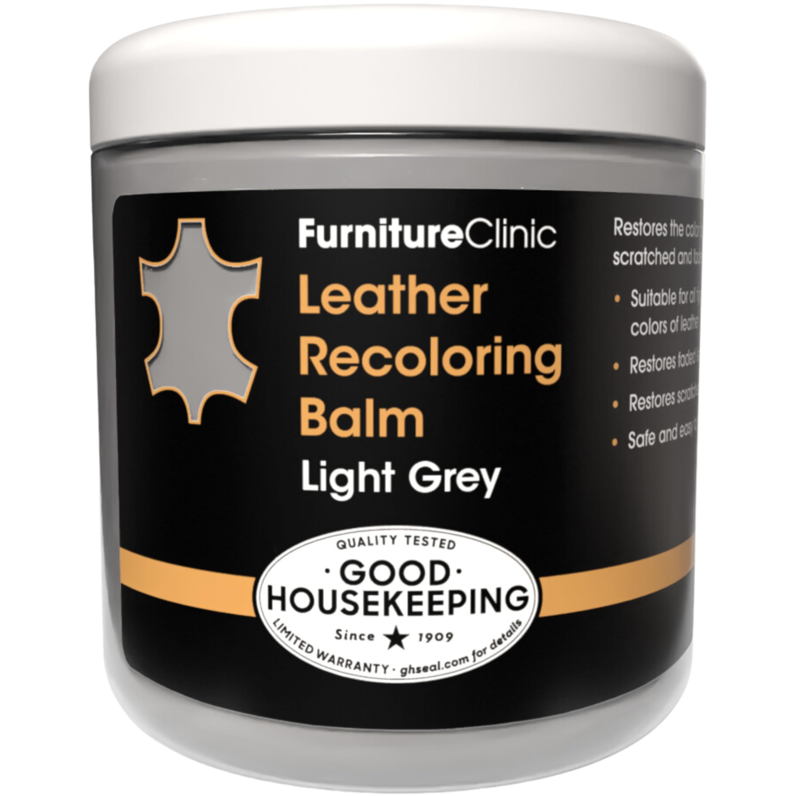 Furniture Clinic Leather Recoloring Balm Light Grey bottle shows quick color restoration on leather