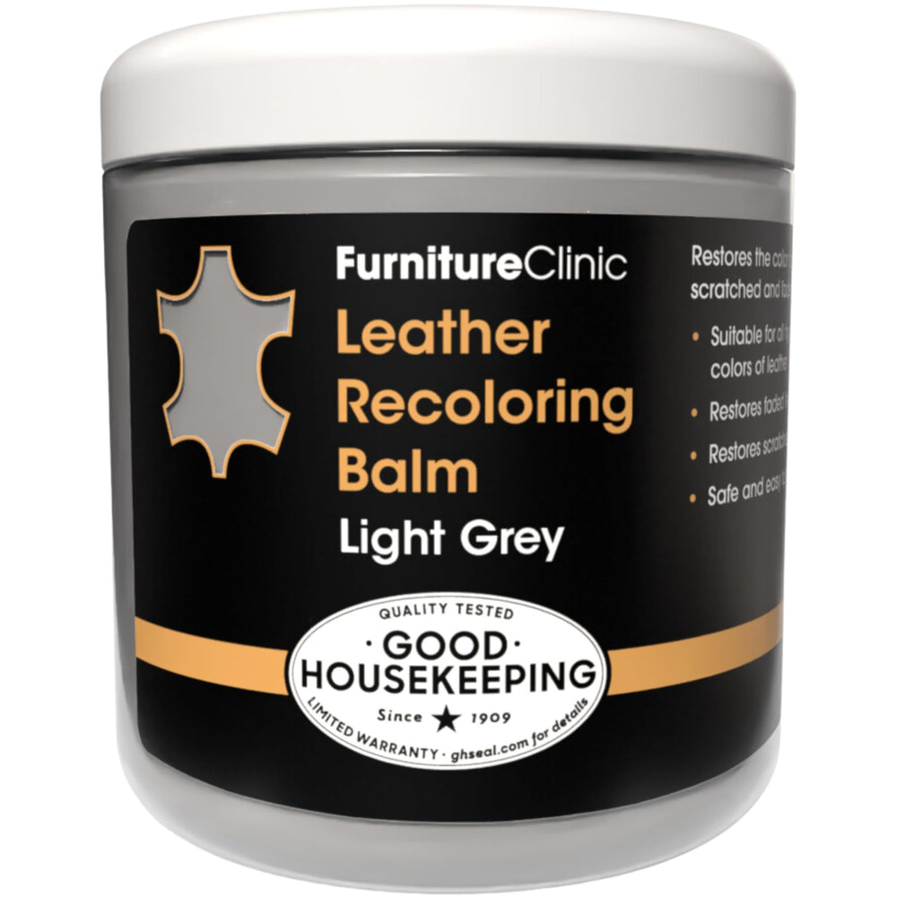 Furniture Clinic Leather Recoloring Balm Light Grey bottle shows quick color restoration on leather