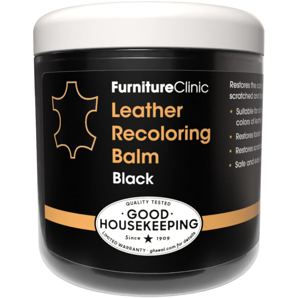 Furniture Clinic leather recoloring balm applied to scratch repair.