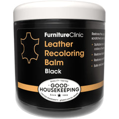 Furniture Clinic leather recoloring balm applied to scratch repair.
