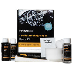 Furniture Clinic Leather Steering Wheel Repair Kit contents for easy DIY restoration.