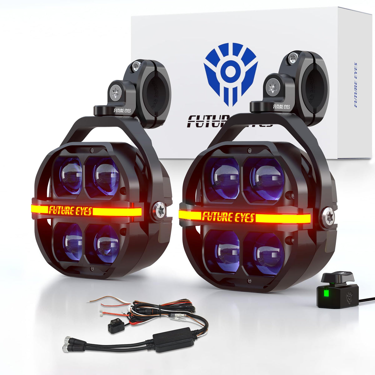 Future Eyes motorcycle lights front view with amber beam for enhanced night visibility