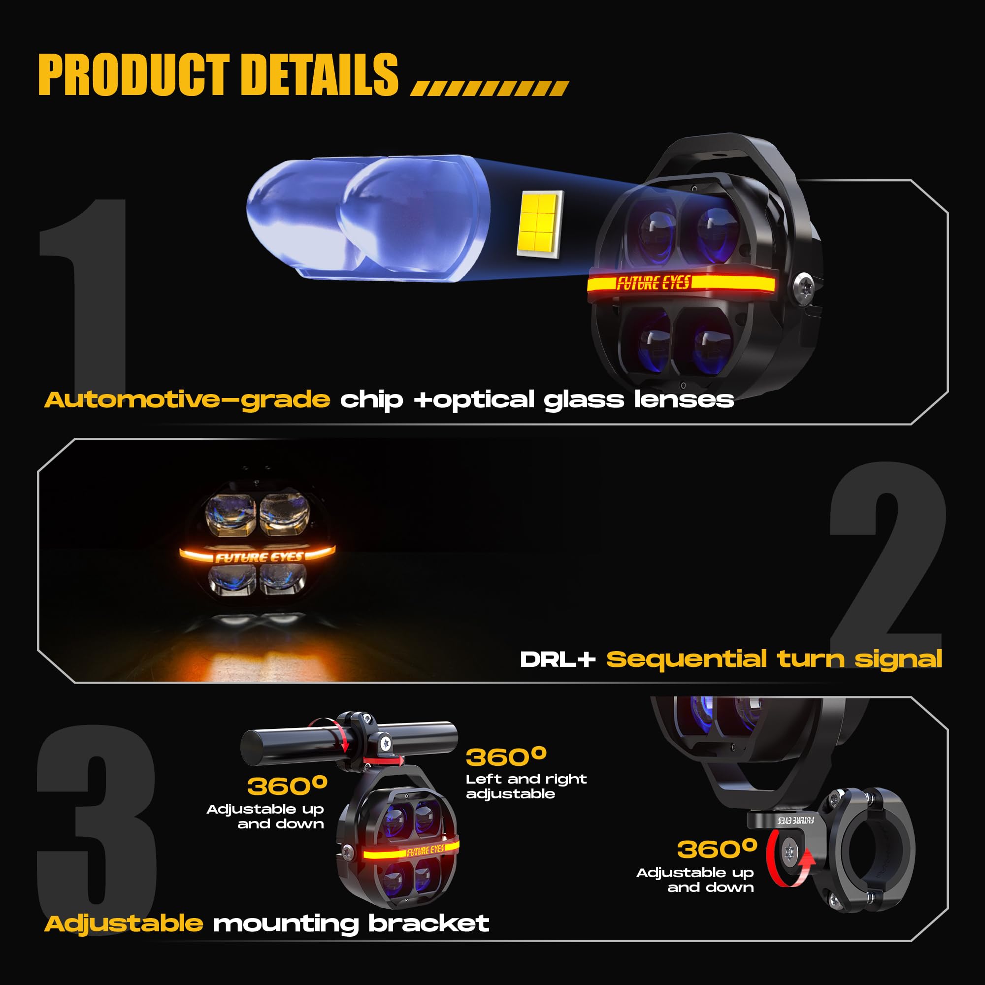 Future Eyes motorcycle lights front view with white beam for daytime clarity and signaling