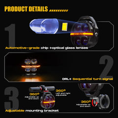 Future Eyes motorcycle lights front view with white beam for daytime clarity and signaling