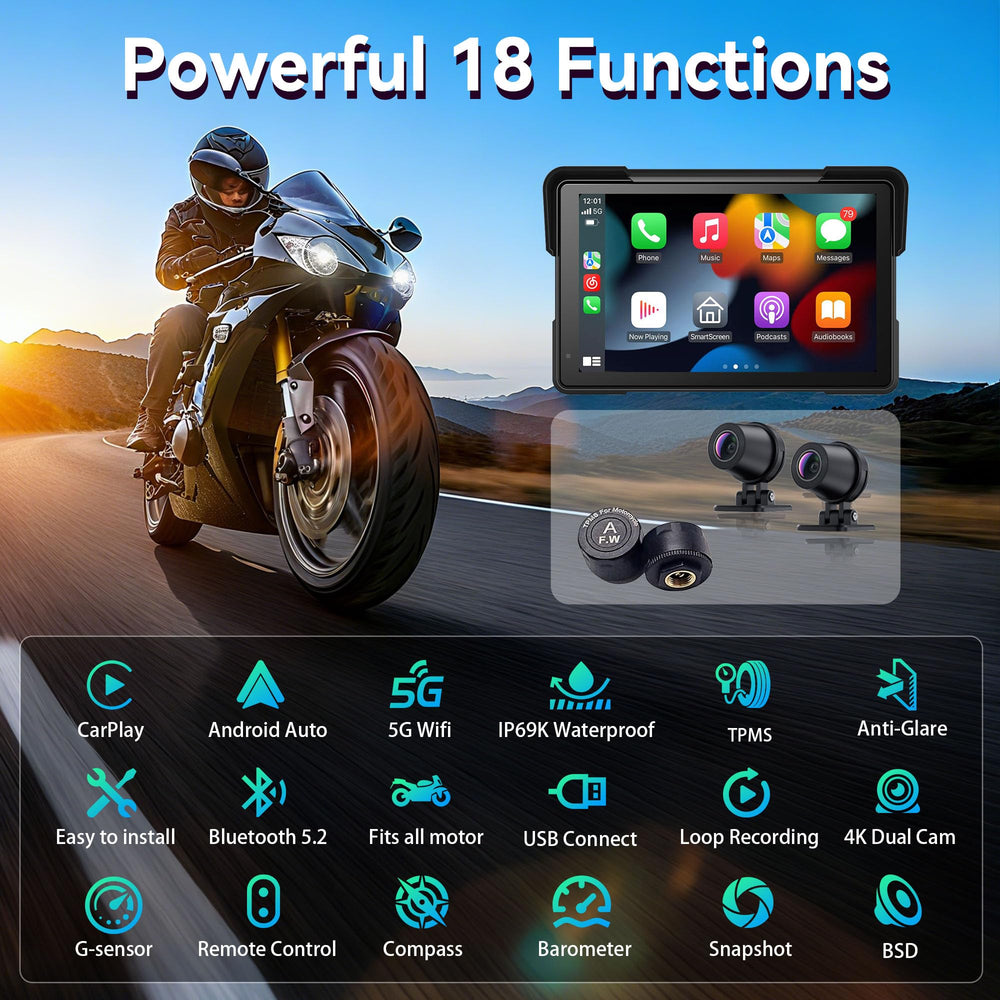 Fuyuadas 7-inch touchscreen mounted on motorcycle for easy navigation.
