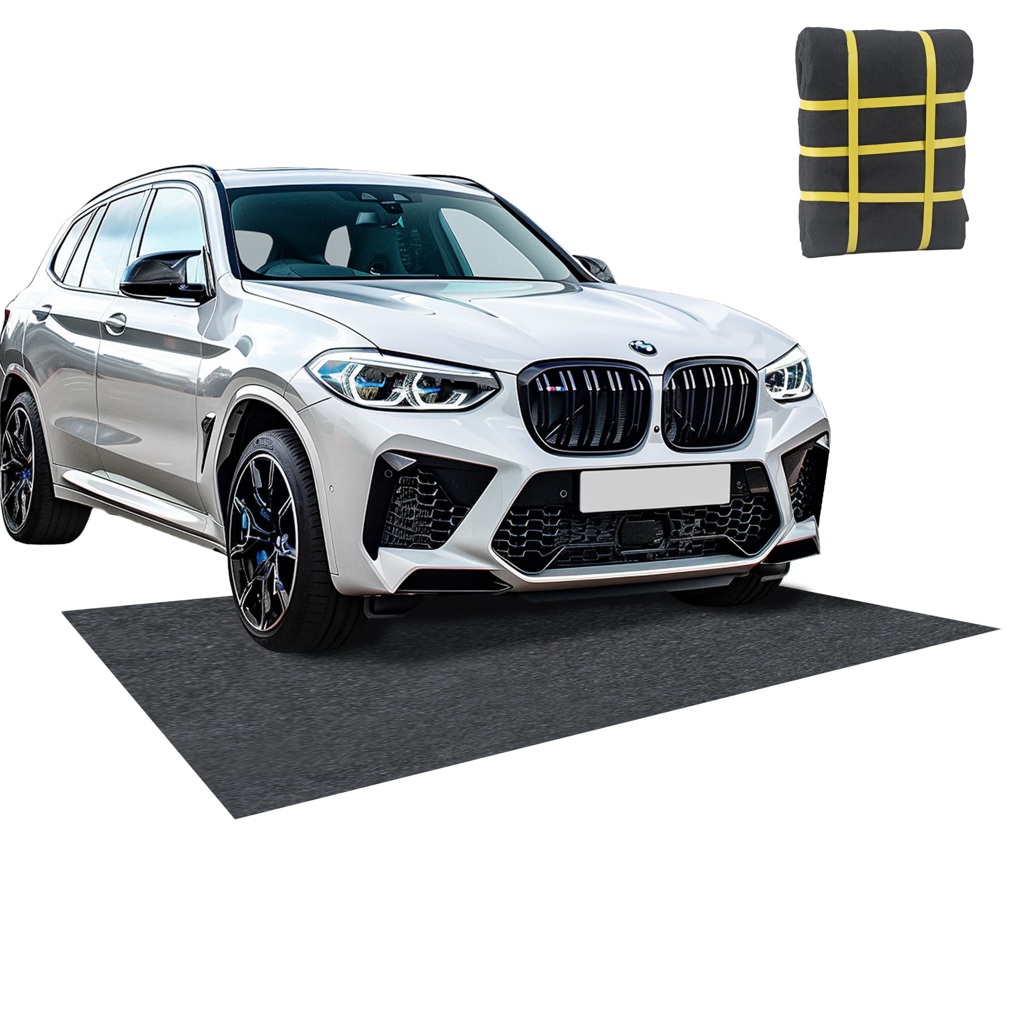 FUZEWANLI oil spill mat under car showing rapid absorption and floor protection.