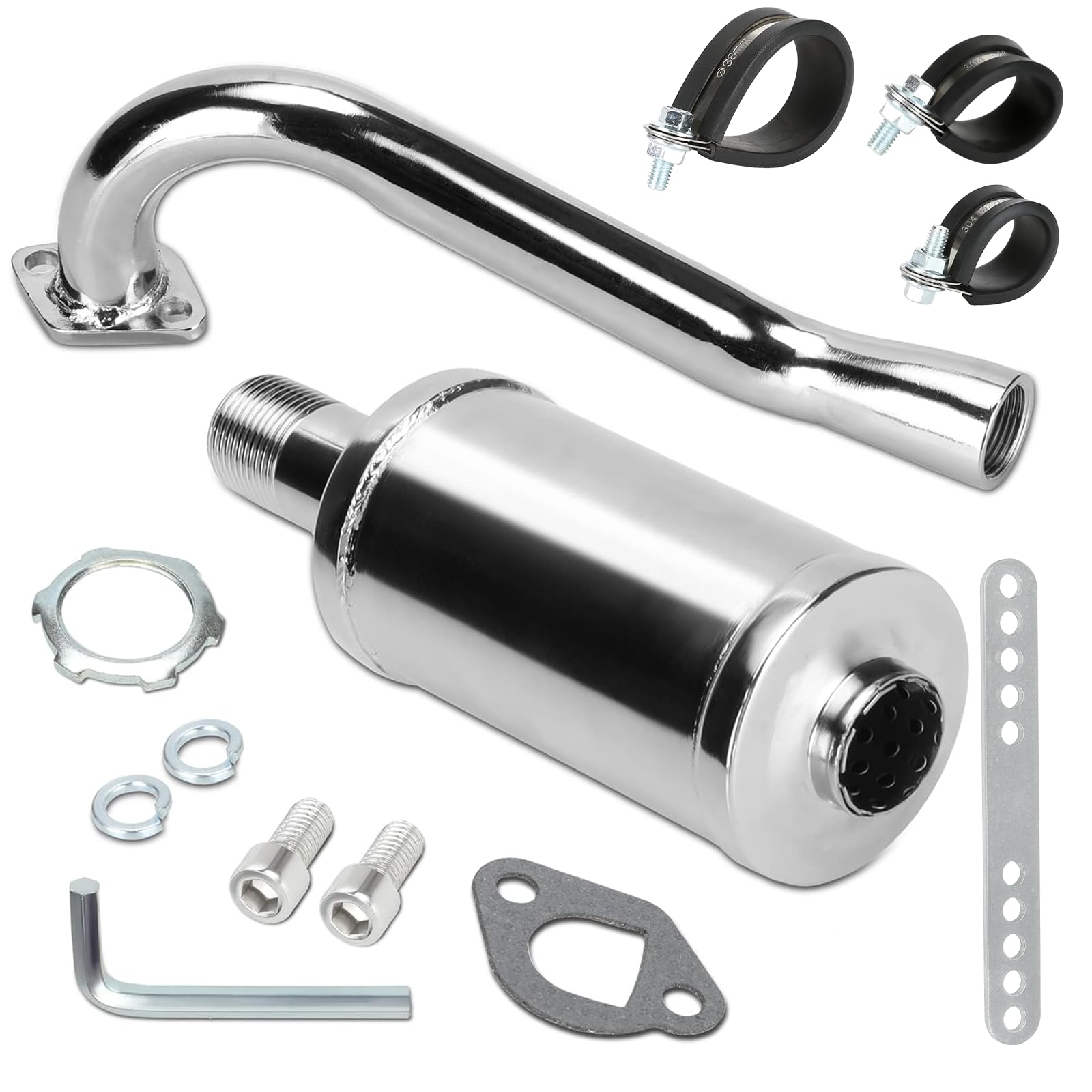 FVRITO 212cc exhaust header close-up shows precise TIG welds for durability.