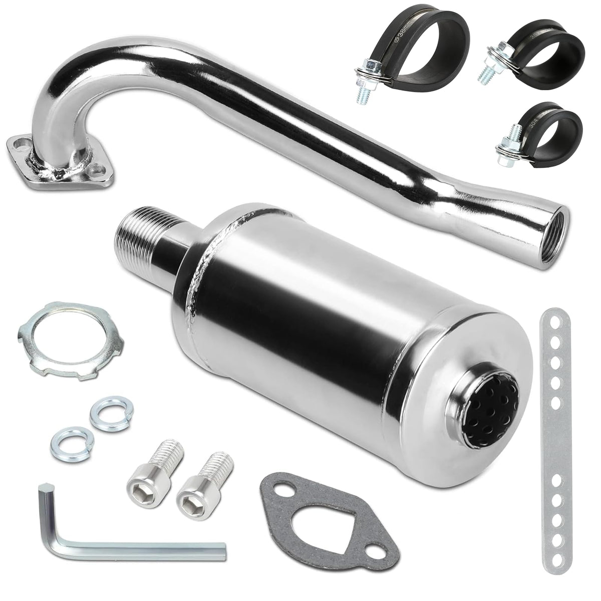FVRITO 212cc exhaust header close-up shows precise TIG welds for durability.