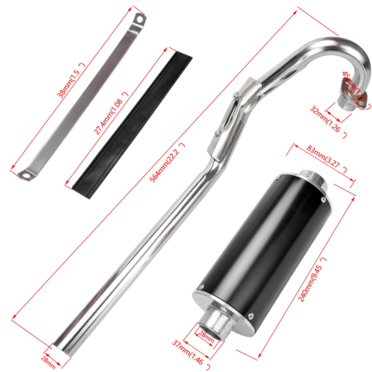 FVRITO 28mm muffler diameter highlights compact, compatible performance for 70cc–125cc bikes.