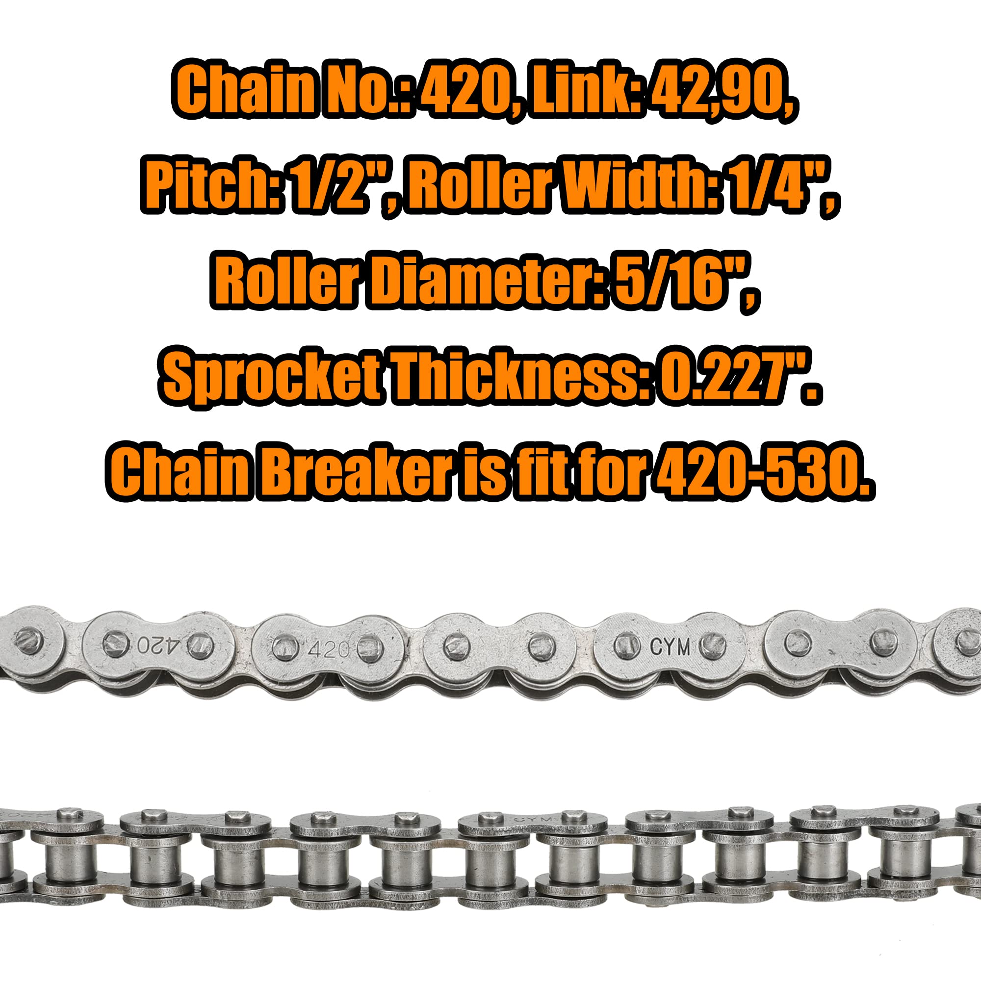 FVRITO 420 chain specs: 1/2 inch pitch, 1/4 inch rollers.