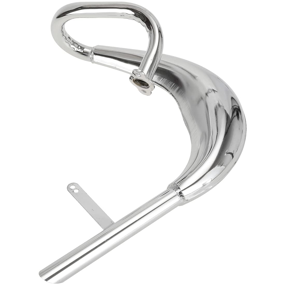 Expansion chamber pipe detail showing chrome finish and durability
