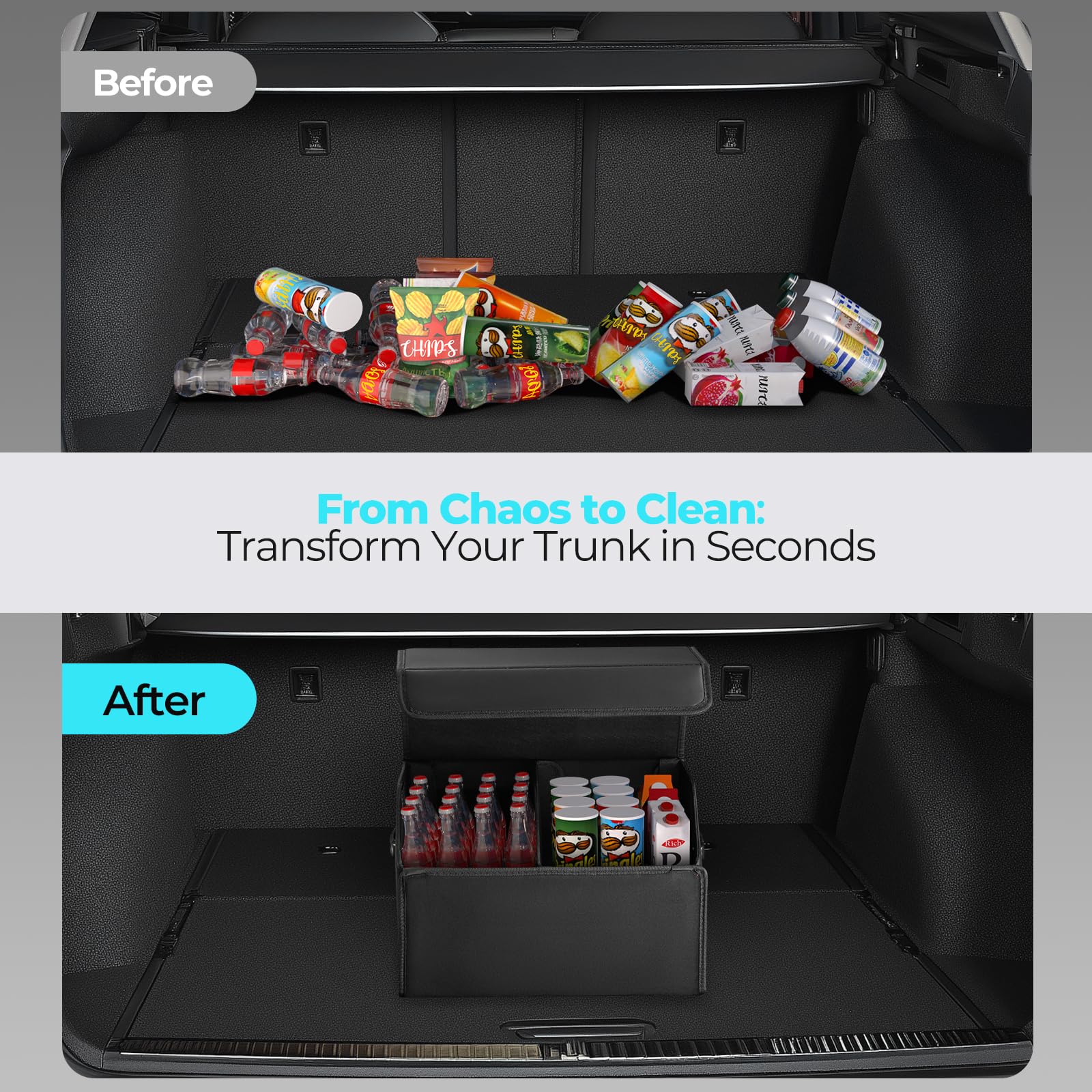 Fyzeoty car organizer in action in SUV trunk with groceries.