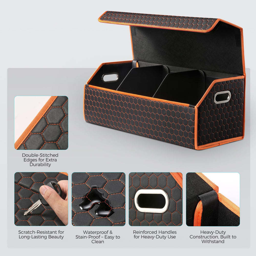 Fyzeoty trunk organizer collapsible design folds flat for compact storage.
