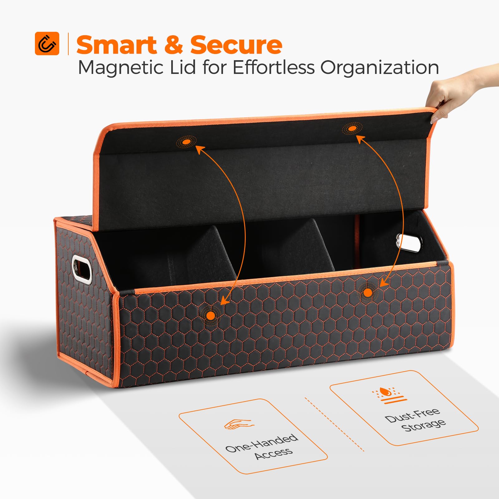 Fyzeoty trunk organizer magnetic lid provides quick access while keeping dust out.