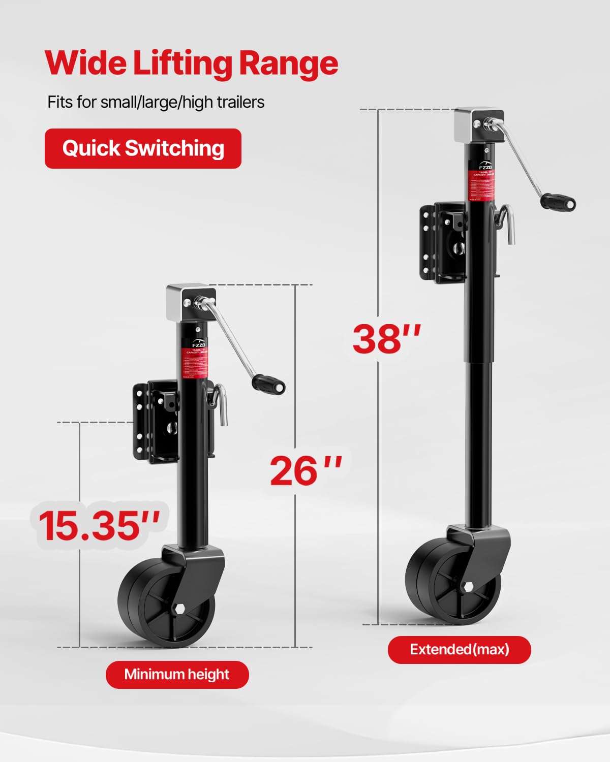 FZZD trailer jack with 12-inch lift offers precise tongue height adjustments.
