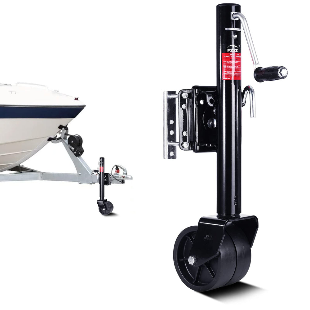 FZZD trailer jack with wheel showing compact 6-inch wheels for easy maneuvering