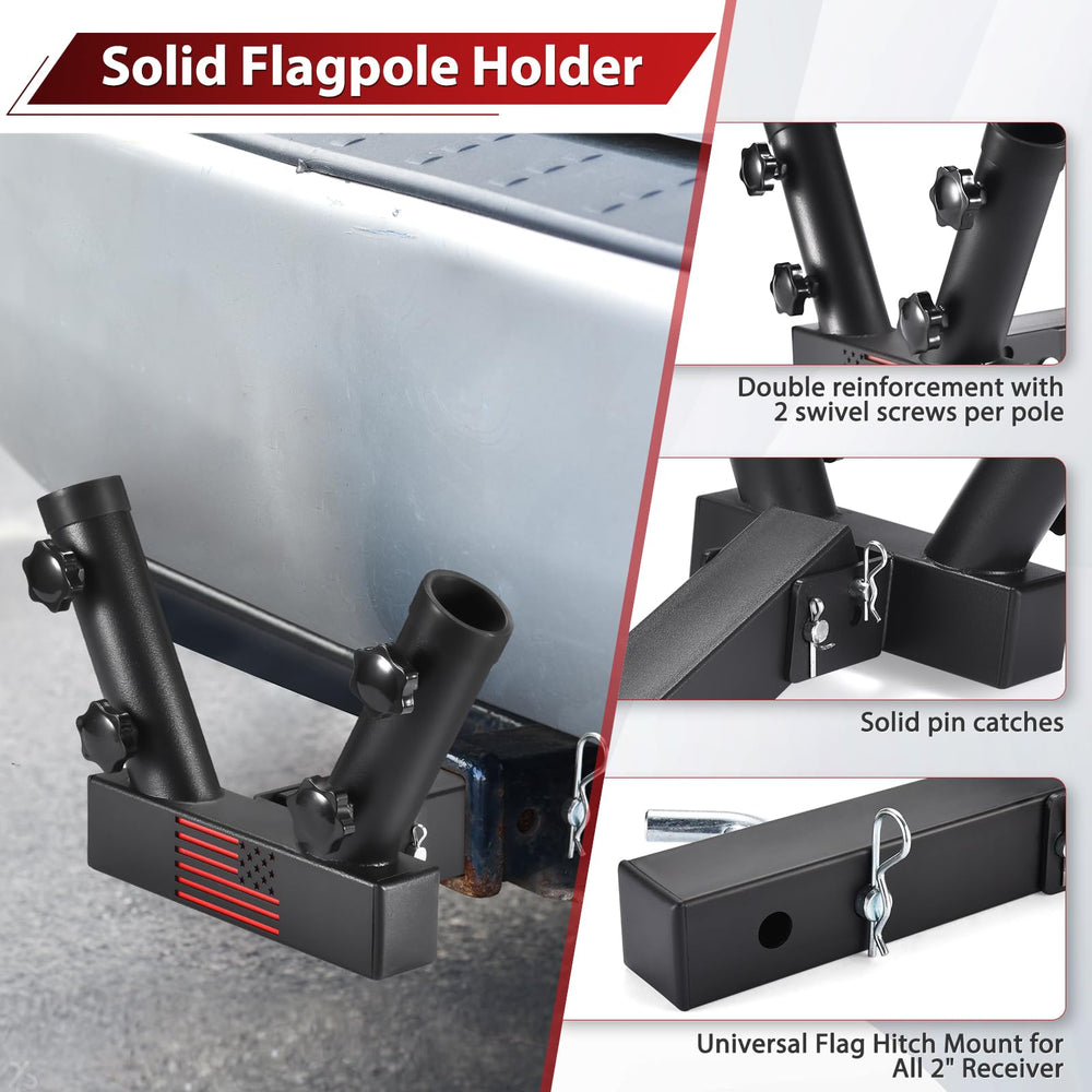 GADFISH flag pole holder for 2-inch receivers secures two poles on vehicles.