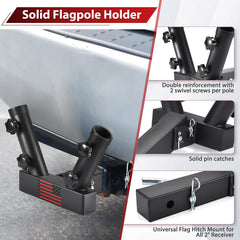 GADFISH flag pole holder for 2-inch receivers secures two poles on vehicles.