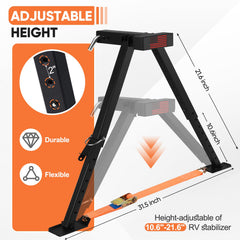 GADFISH rv stabilizer with 180-degree feet for flexible leveling on varying surfaces.