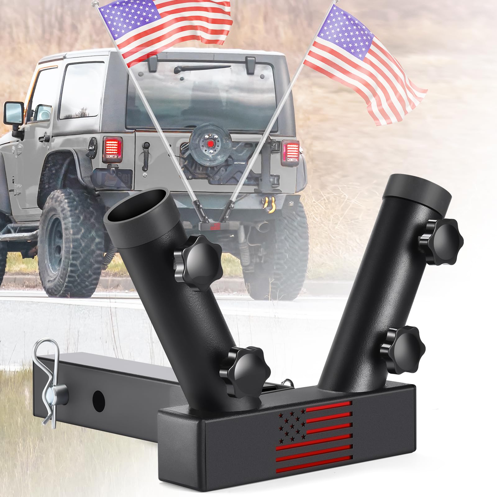 GADFISH trailer hitch flagpole mount showing dual flag positions for easy display.