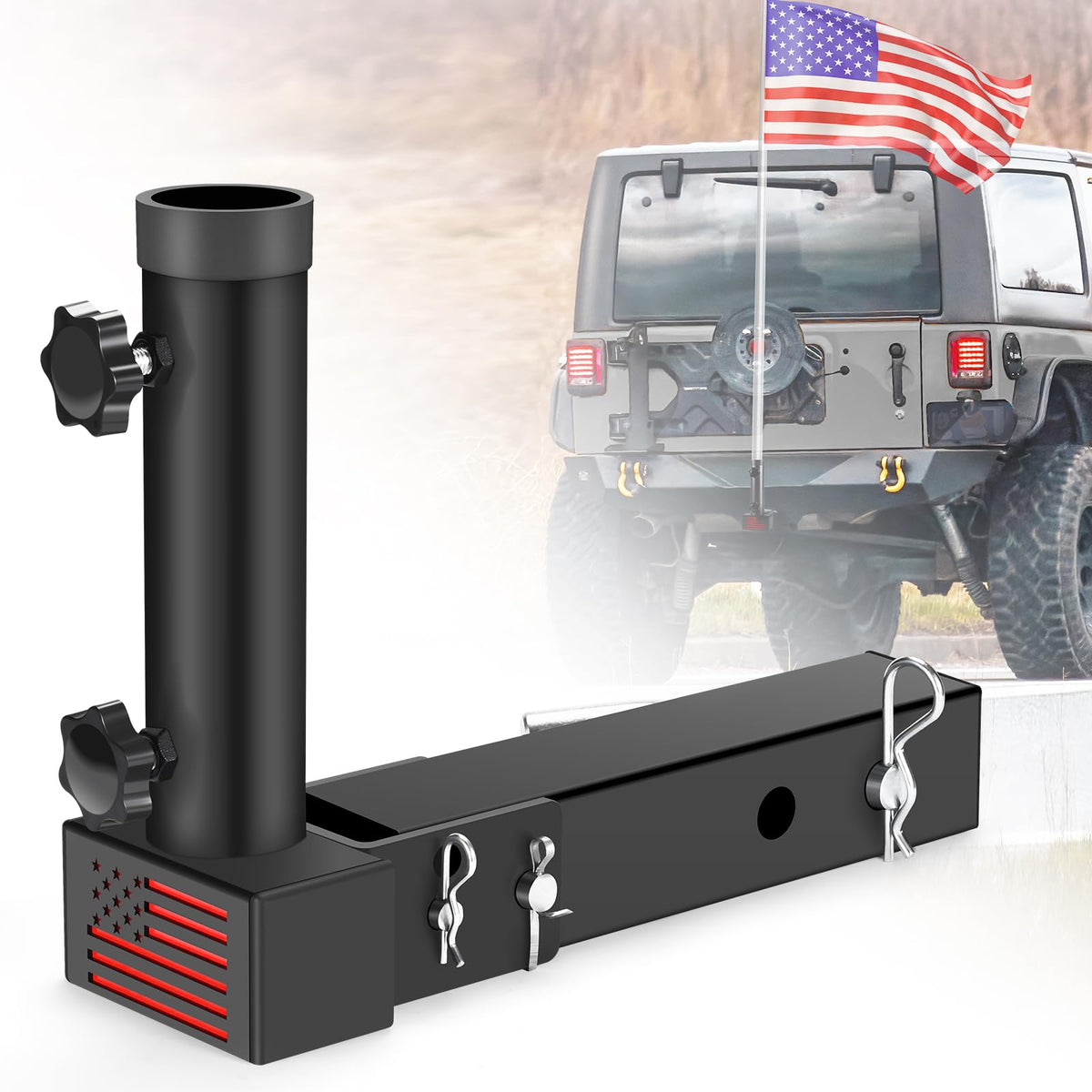GADFISH trailer hitch flagpole mount overview shows rugged design for 2-inch receivers.