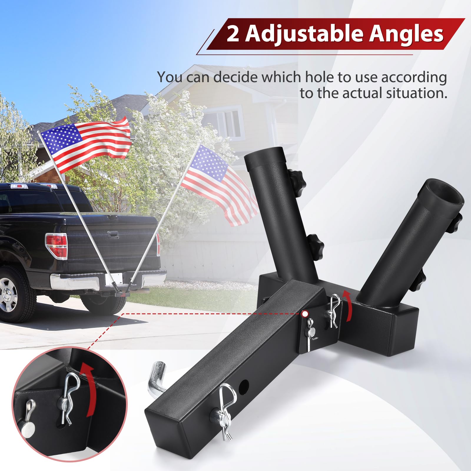 GADFISH vehicle flag display hitch mount enables upright or outward flag setup.