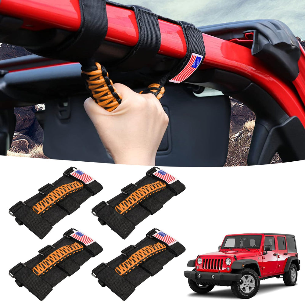 GAIZON 4pc grab handles on Jeep Wrangler roll bar, orange with America flag for secure grip