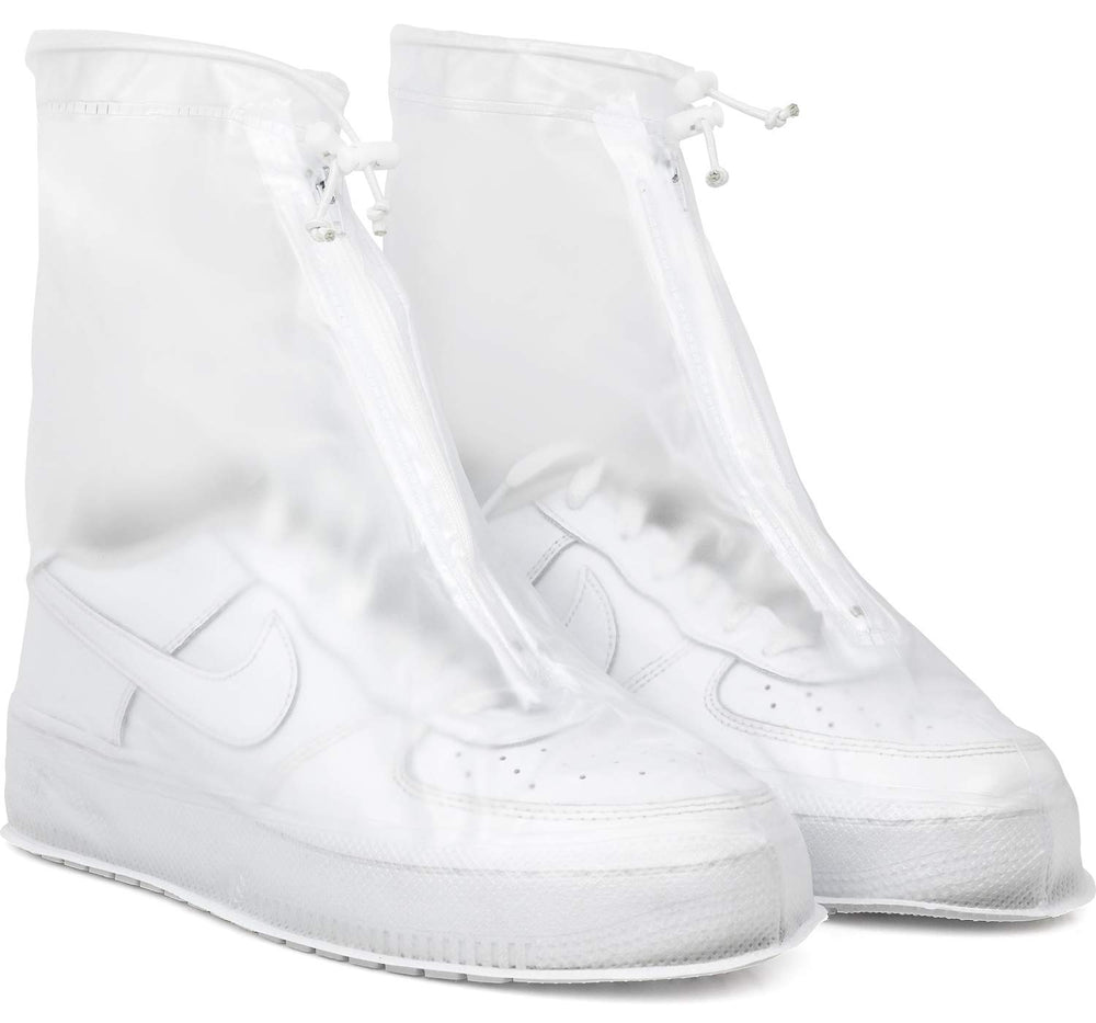 Galashield rain shoe cover in clear material with zipper protects shoes in wet weather.