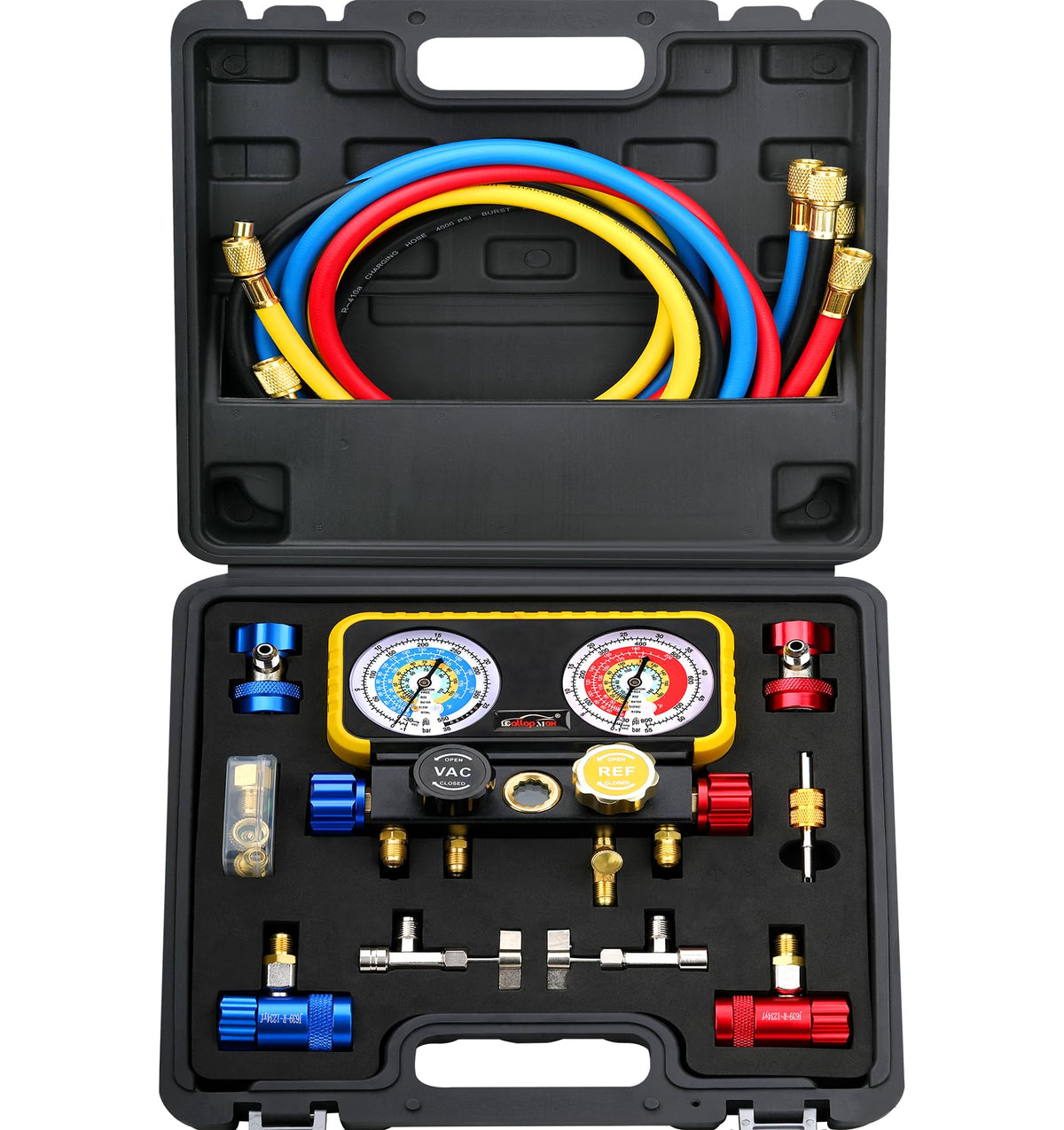 GallopMax four-valve gauge set front view for versatile HVAC service.