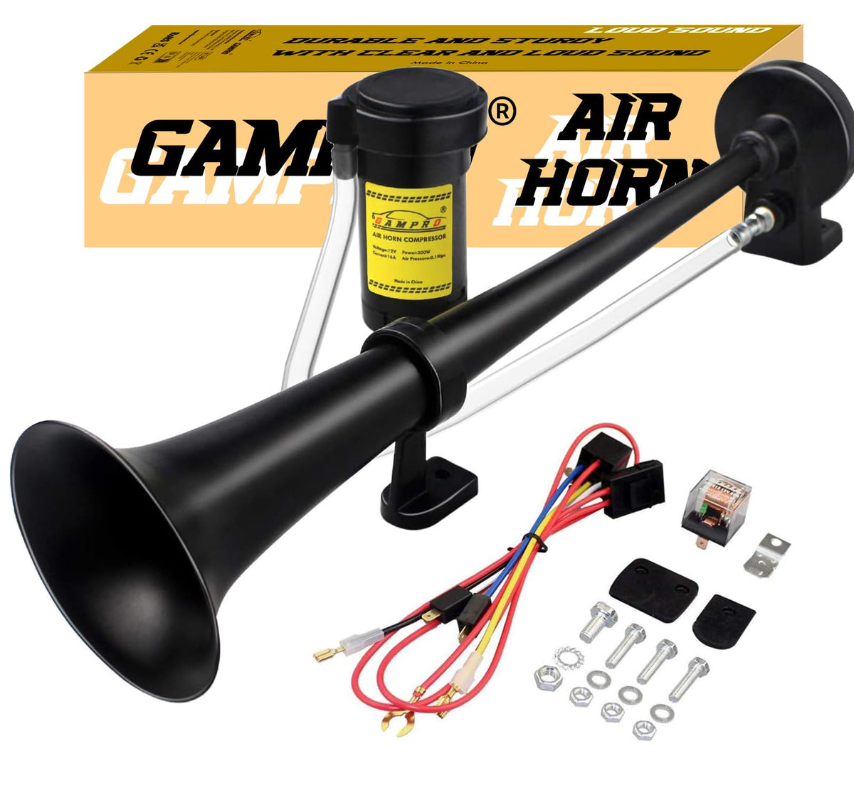 GAMPRO 12V 150dB air horn, 18 inch black chrome zinc trumpet for loud signaling