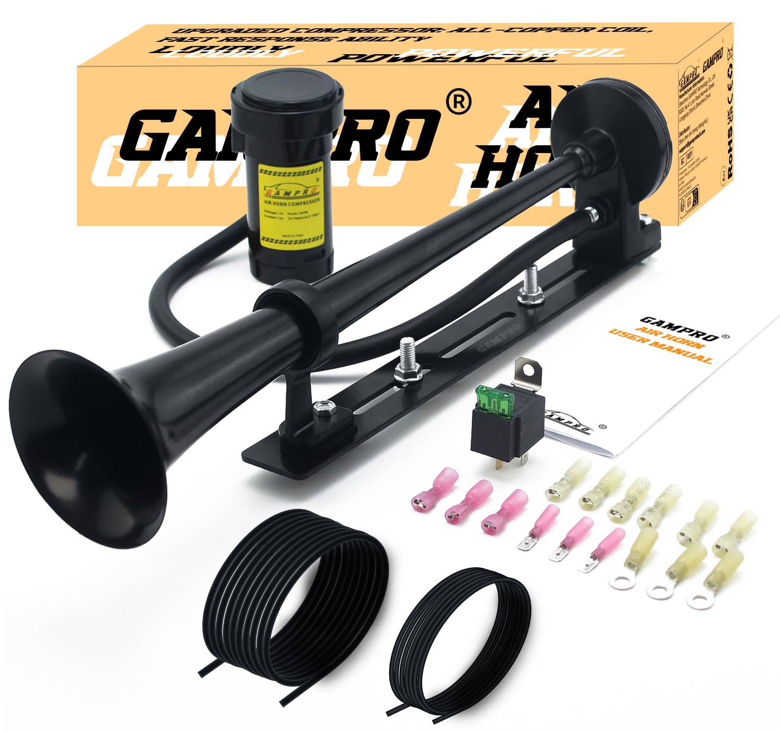 GAMPRO 12V air horn with an 18-inch chrome zinc trumpet for highway visibility.