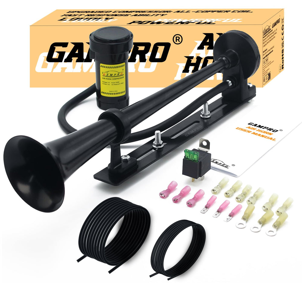 GAMPRO 12V air horn with an 18-inch chrome zinc trumpet for highway visibility.