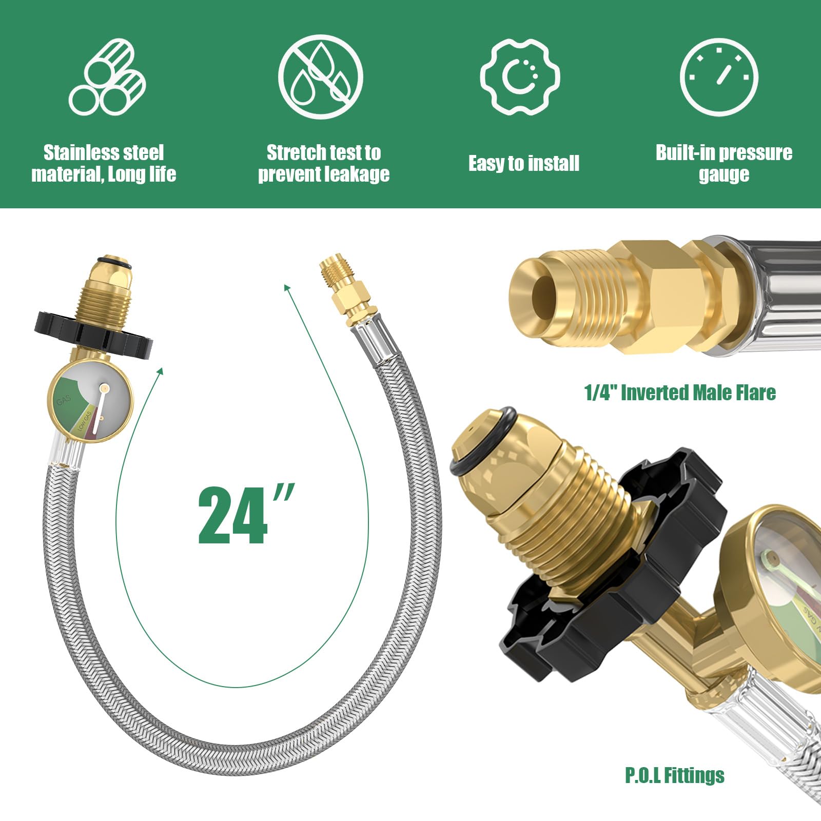 GardenNow propane hose with gauge attachment helps monitor pressure during setup.