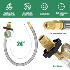 GardenNow propane hose with gauge attachment helps monitor pressure during setup.