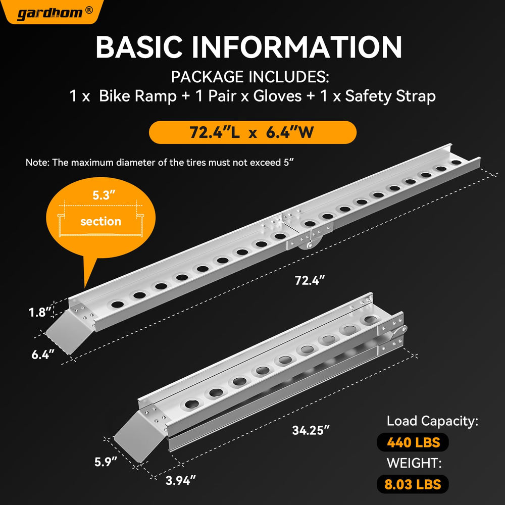 Gardhom aluminum ramp with 440 lbs capacity for secure bike loading.