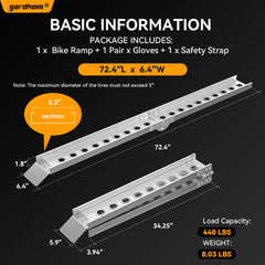 Gardhom aluminum ramp with 440 lbs capacity for secure bike loading.