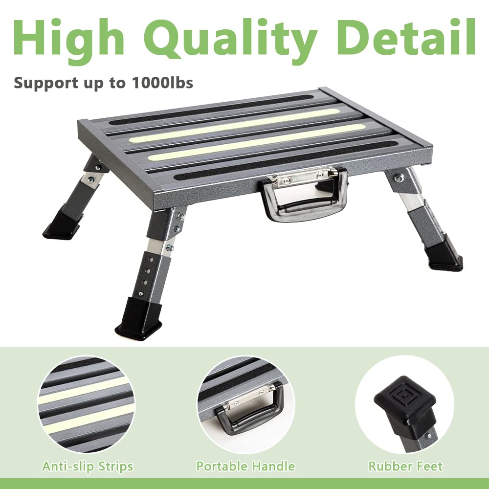 GarfatolRv RV steps platform shows a non-slip fluorescent strip for visibility.