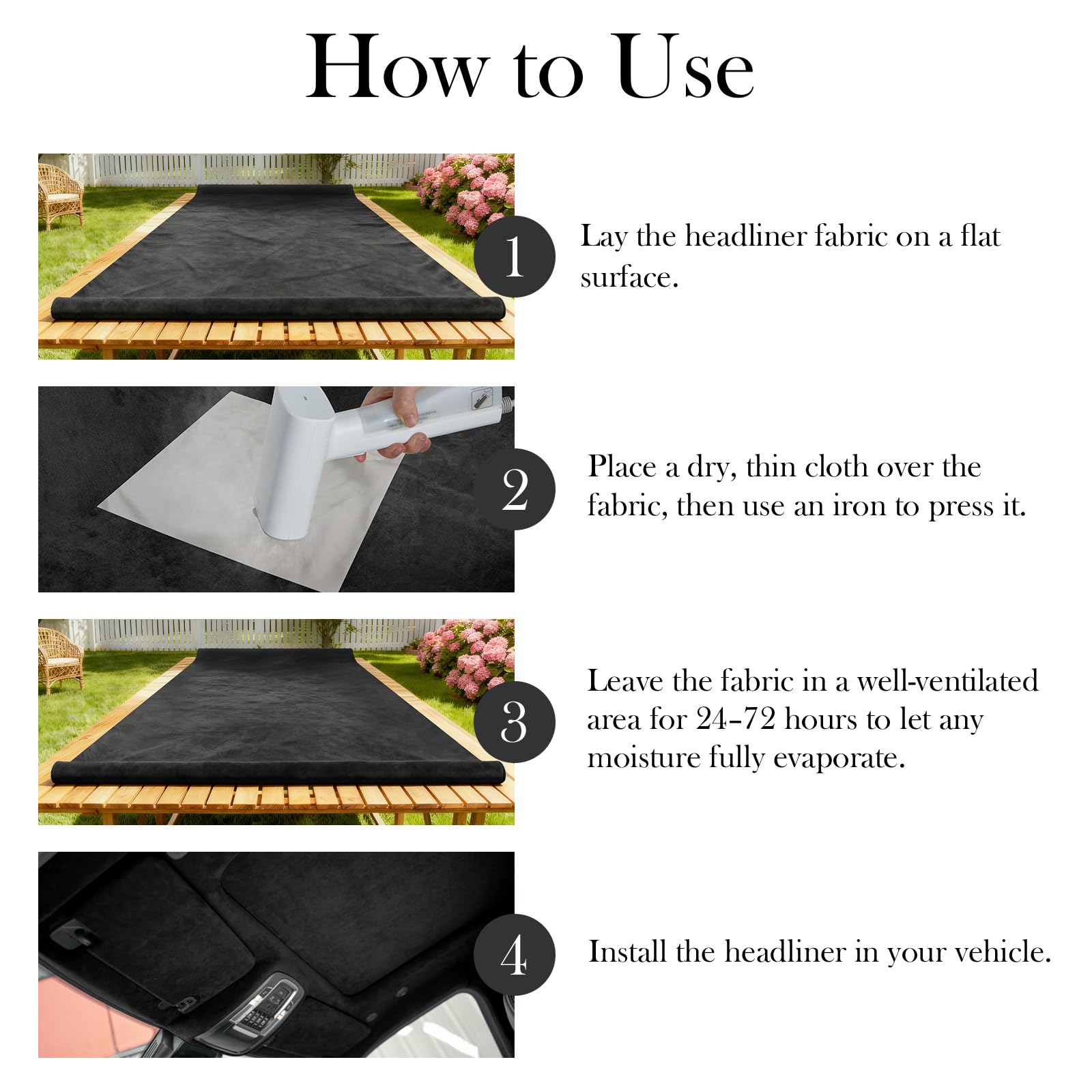 Garifon suede headliner fits most cars, SUVs, trucks, vans, and RVs.