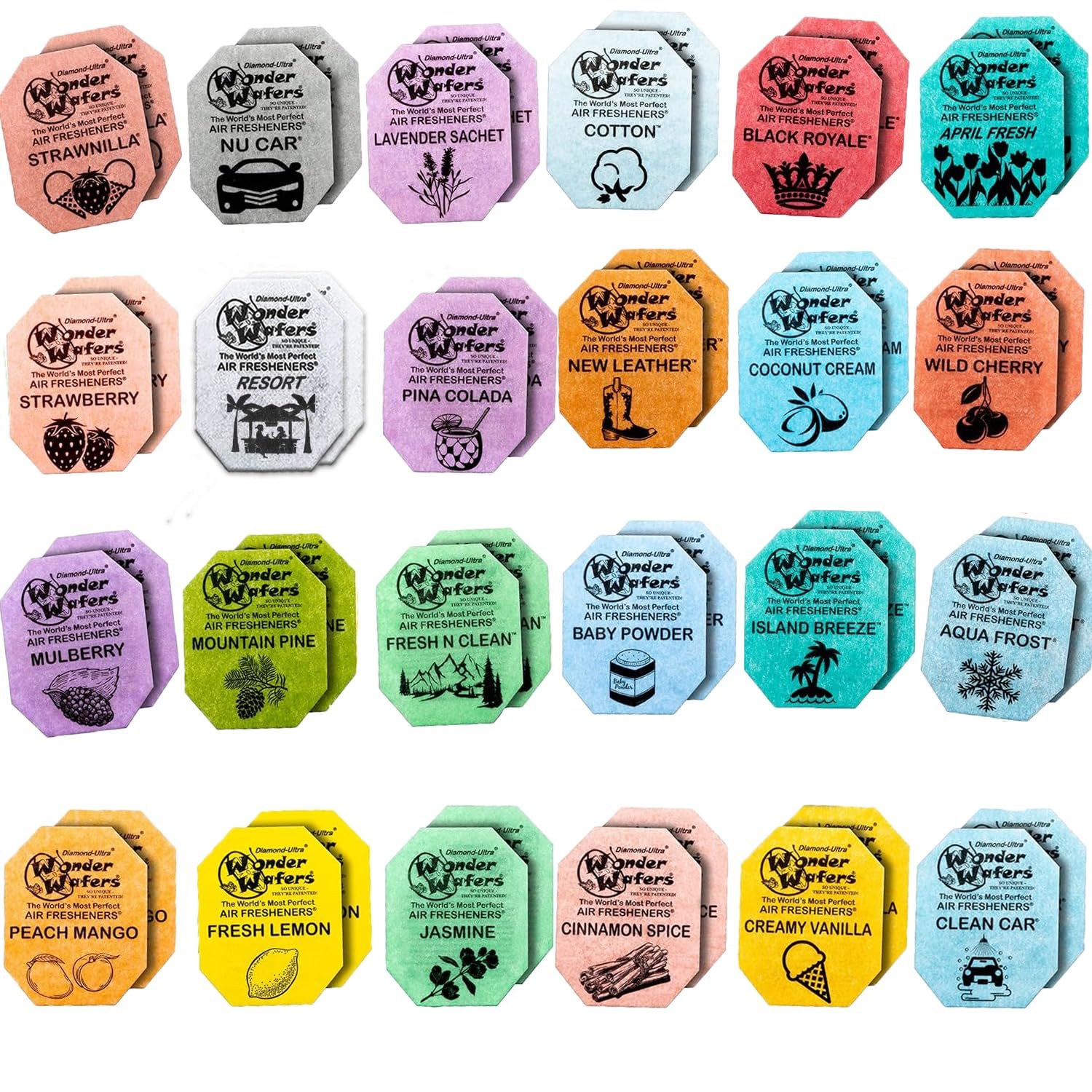 GARIZZE Wonder Wafers 48-pack box with 24 scents for cars and spaces.