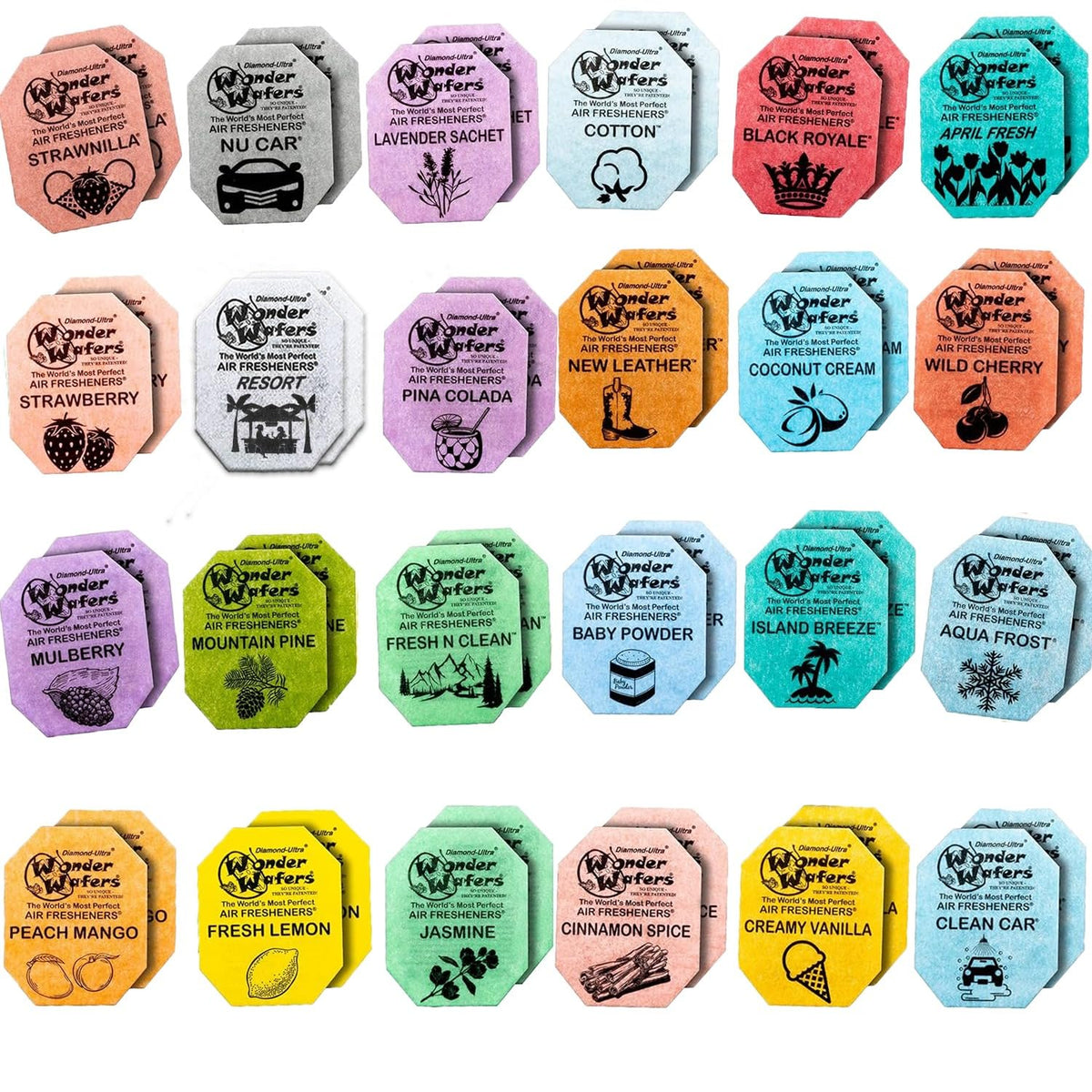 GARIZZE Wonder Wafers 48-pack box with 24 scents for cars and spaces.