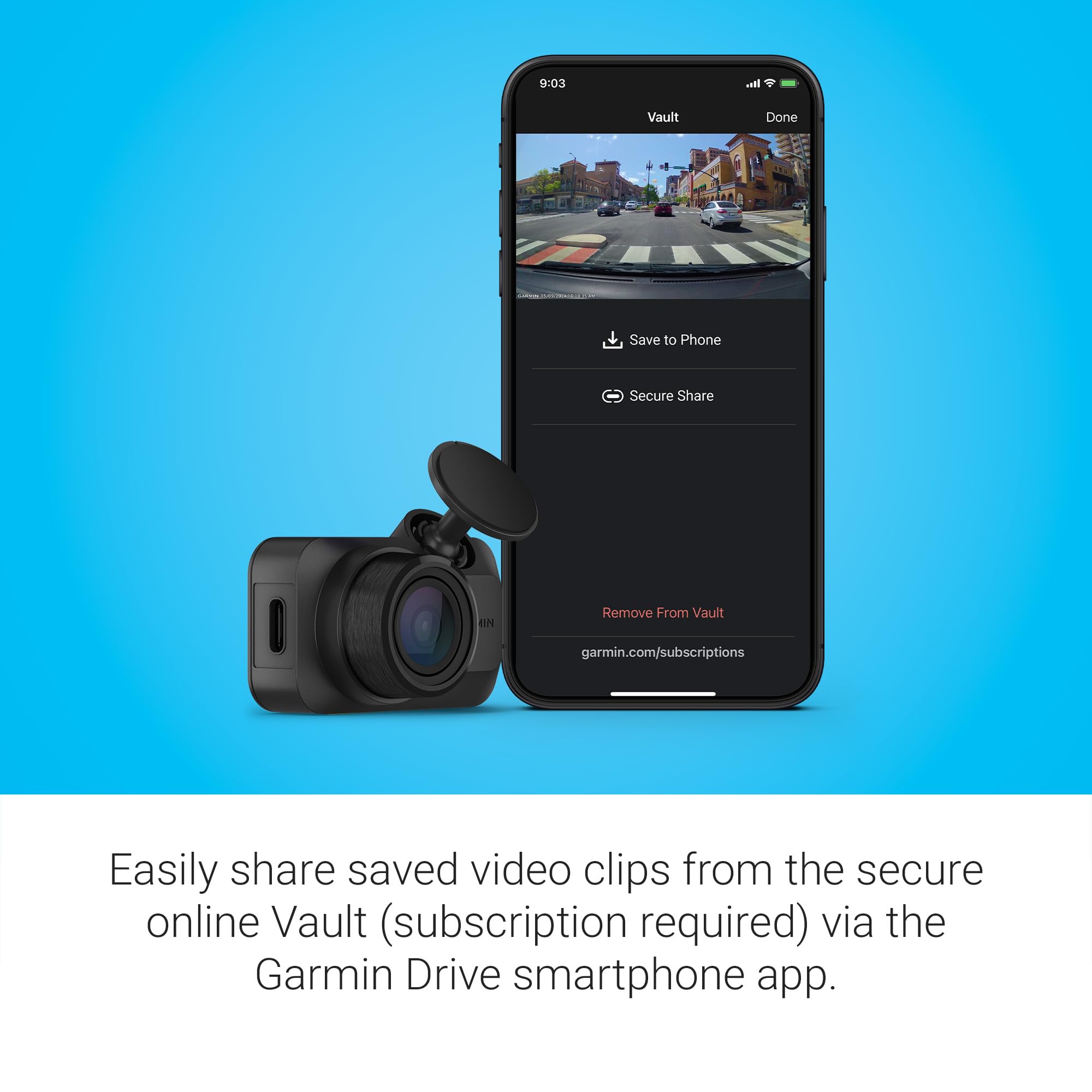 Garmin Dash Cam Mini 3 phone alert illustrating parking guard notification and peace of mind