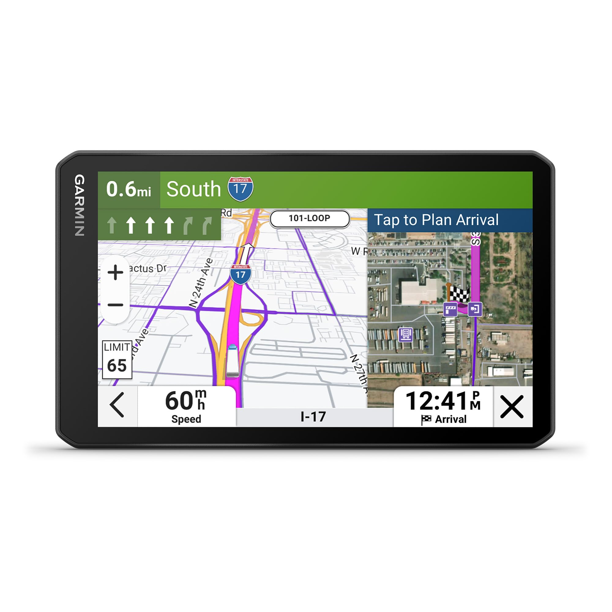 Garmin dēzl OTR720 7-inch screen offers crisp in-cab navigation.