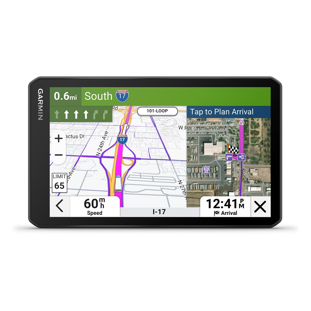 Garmin dēzl OTR720 7-inch screen offers crisp in-cab navigation.