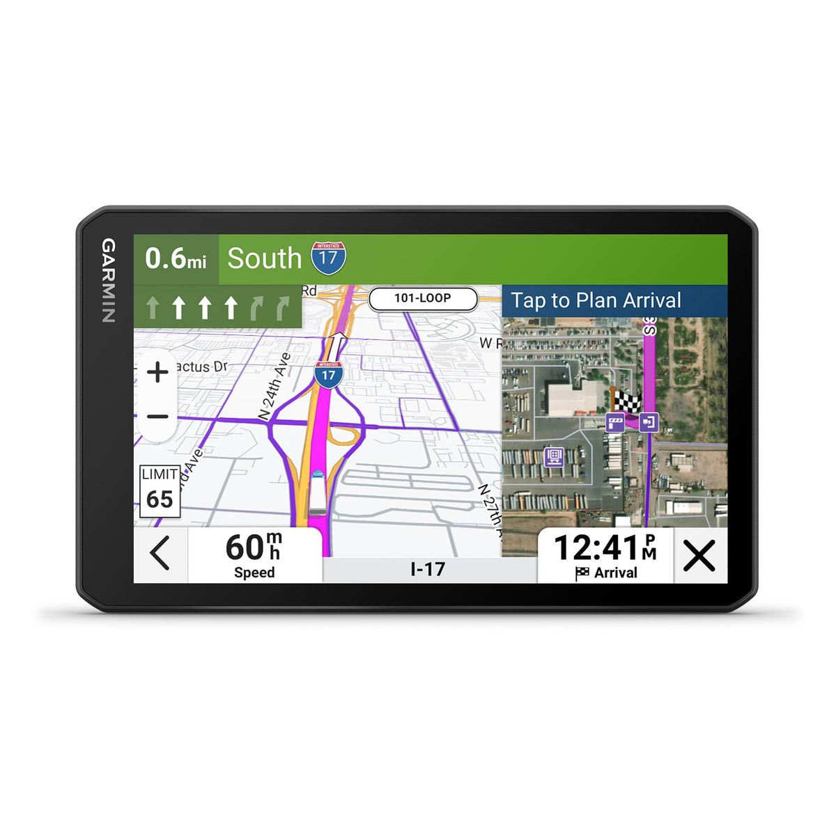 Garmin dēzl OTR720 7-inch screen offers crisp in-cab navigation.