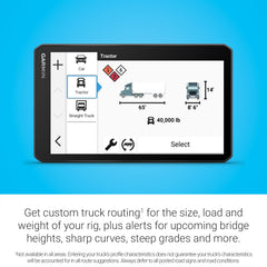 Garmin dēzl OTR720 wind speed overlay highlights route weather conditions.