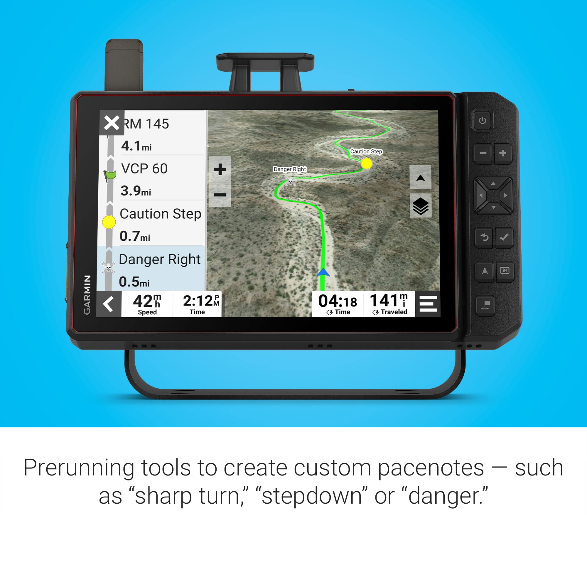 Garmin Tread XL Baja Race Edition GPX course view showing start, checkpoints, and markers.