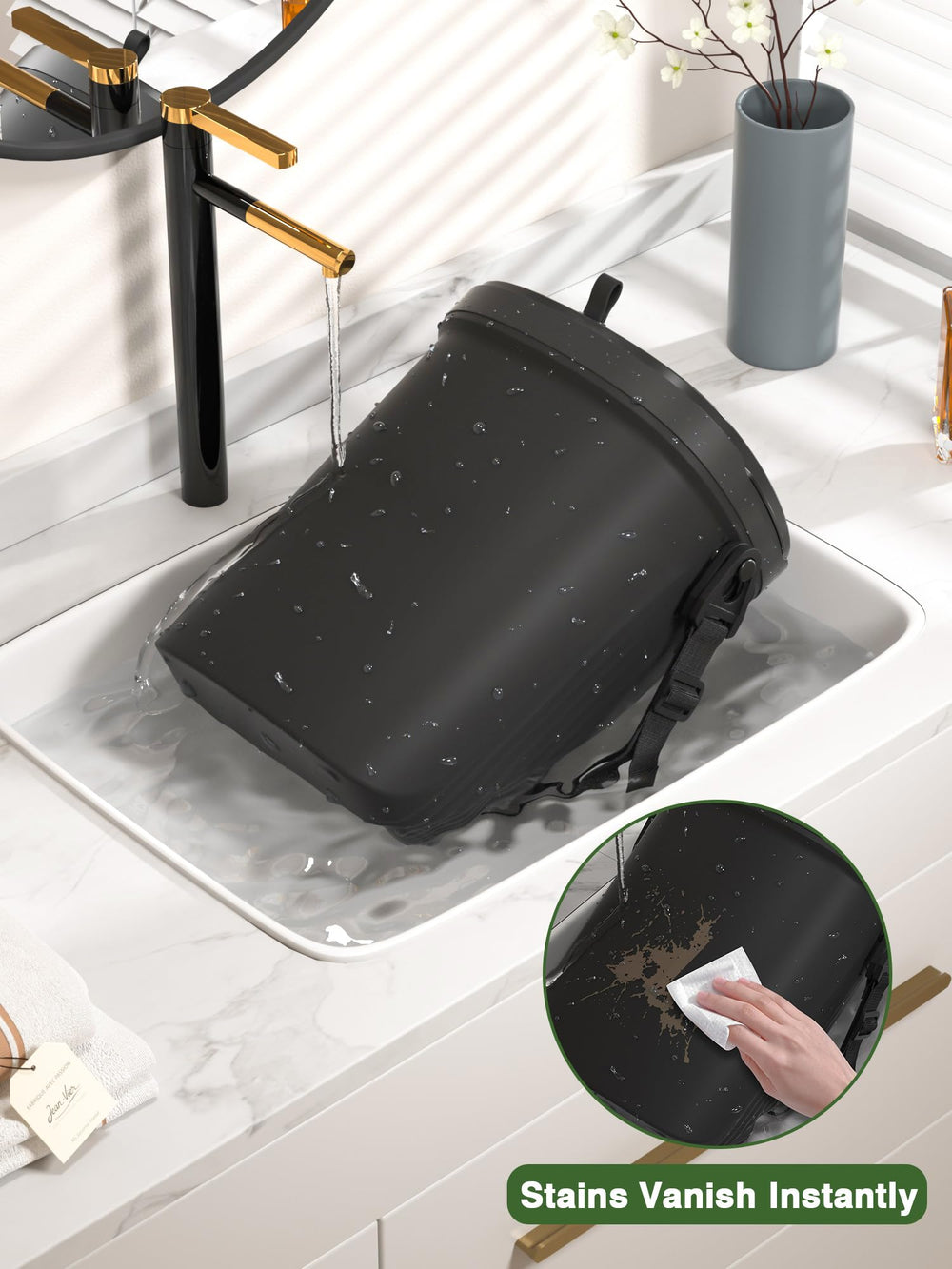 Garoopion adjustable strap and under-seat hook stabilize the bin during driving.