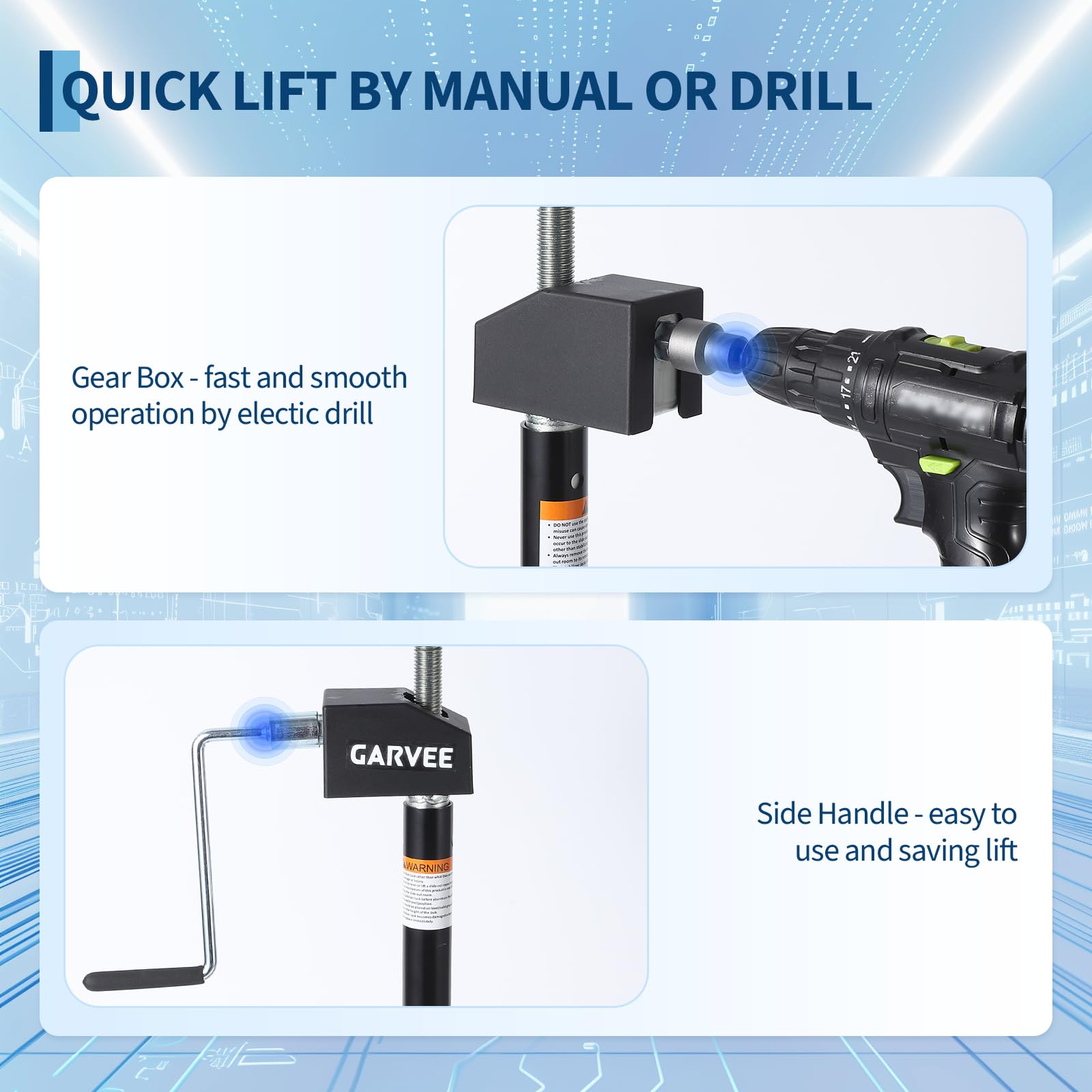 Garvee stabilizer jack in extended position demonstrates wide height range