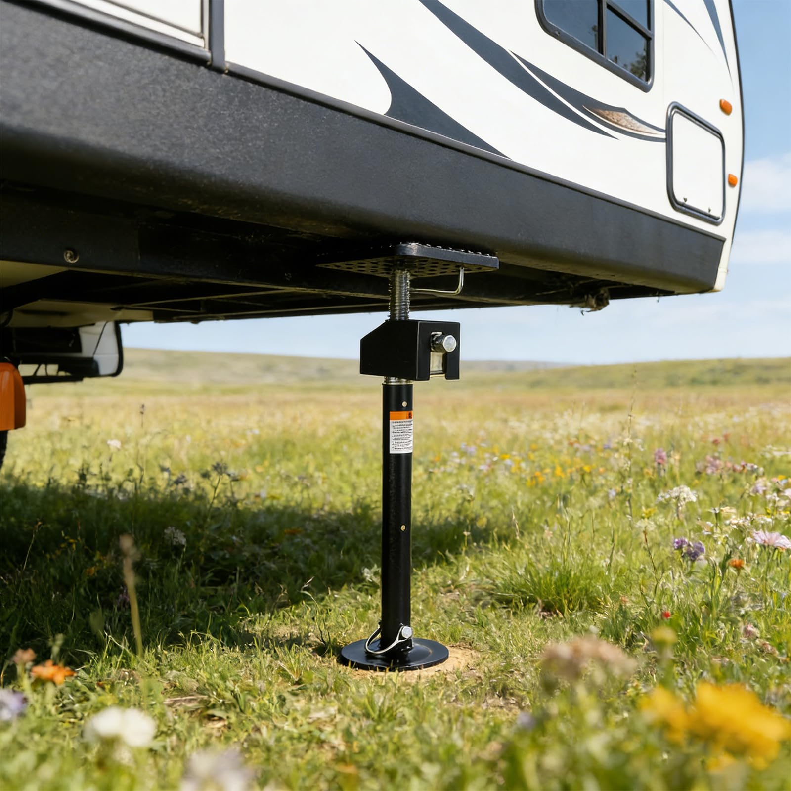 Garvee RV jack engaged with drill-ready setup speeds stabilizing on-site