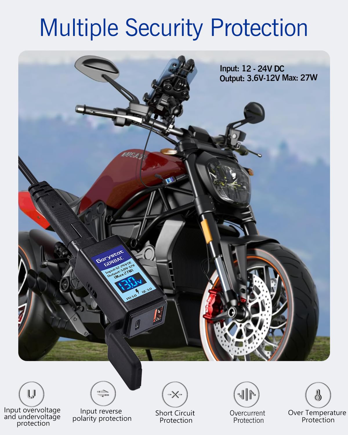 Garystat compact motorcycle charger mounted on handlebar for quick access